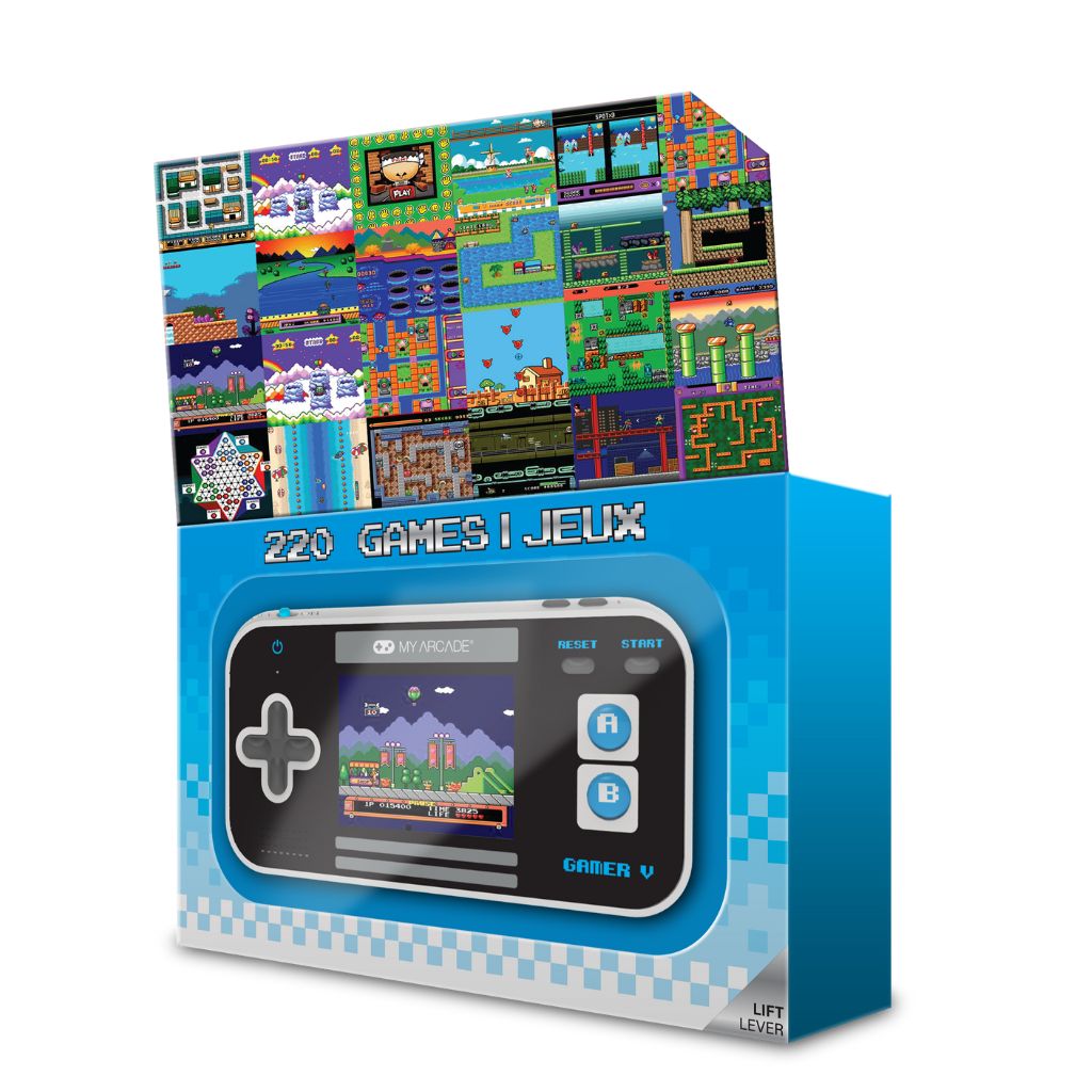 Handheld gaming console with 220 games on a colorful box design.