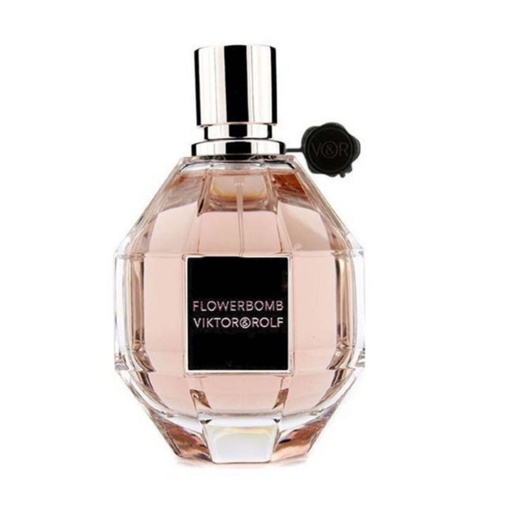 Perfume bottle labeled 'Flowerbomb' by Viktor & Rolf on a white background