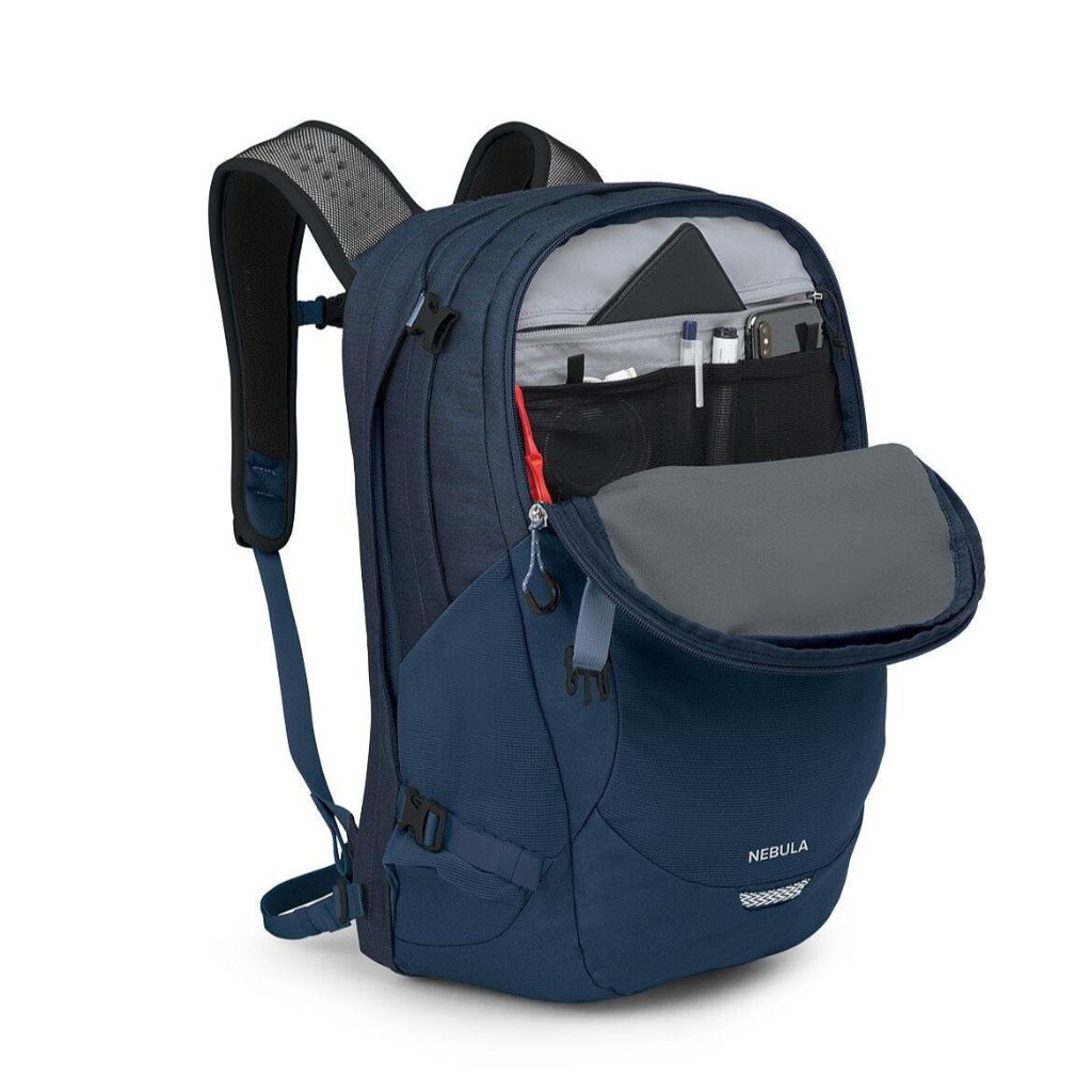Blue backpack with open front pocket on a white background