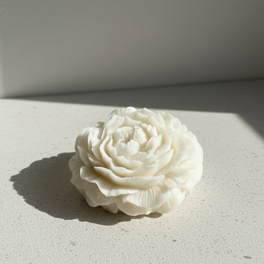 White rose-shaped object on a light gray surface with a white background