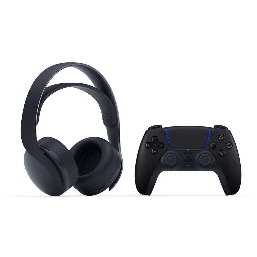 Black gaming headset and controller on a white background