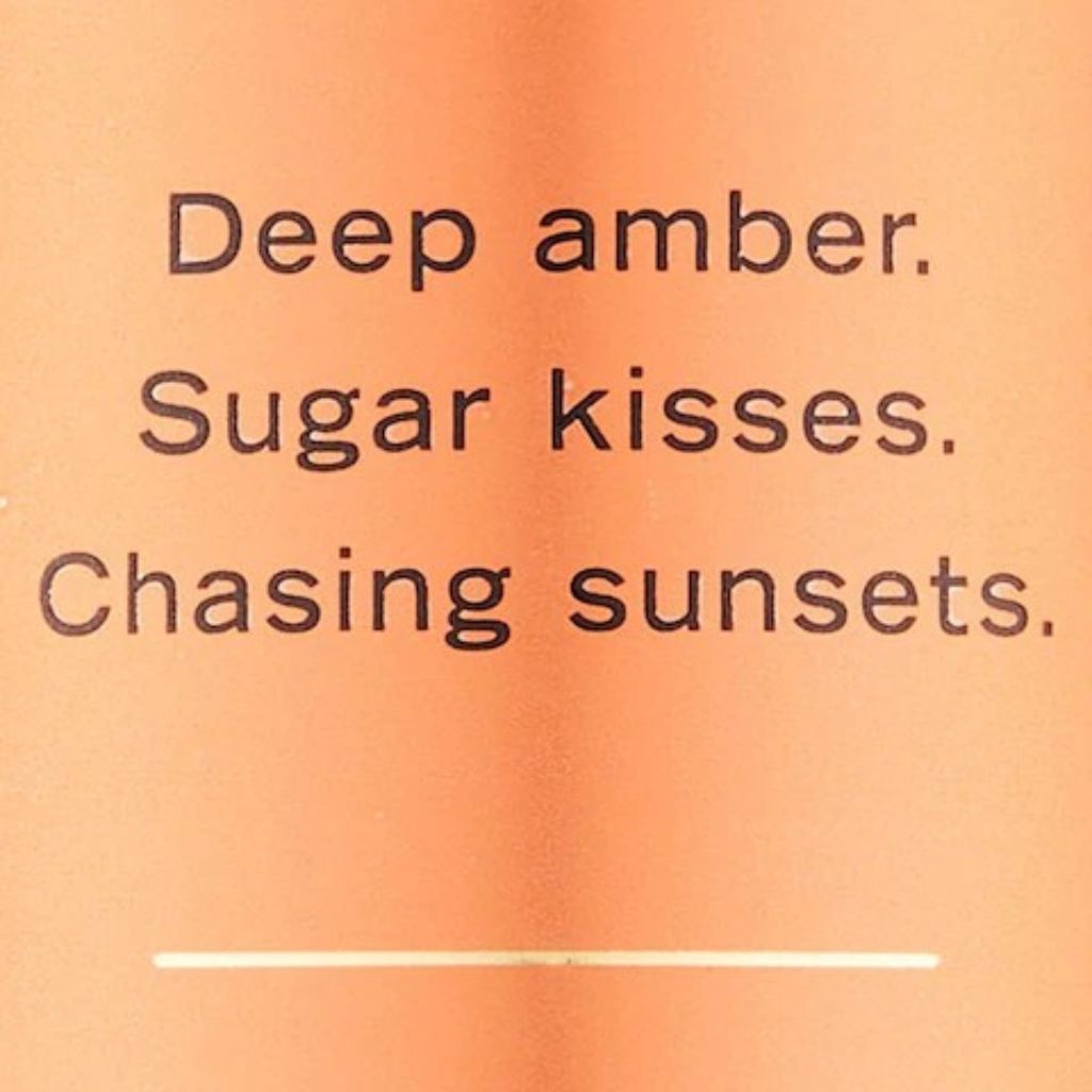 Text on a gradient background with 'Deep amber', 'Sugar kisses', and 'Chasing sunsets' phrases.