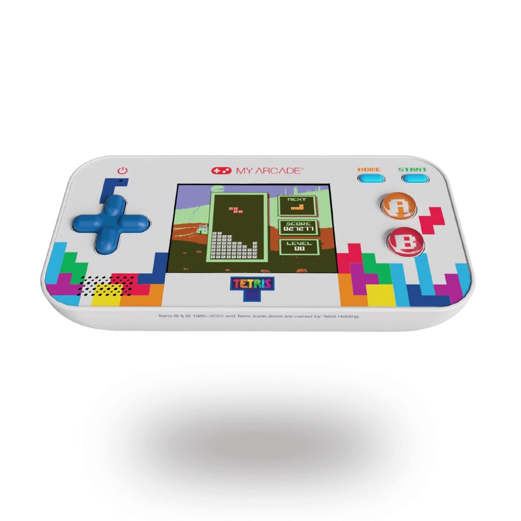 Handheld gaming console with Tetris design on a white background