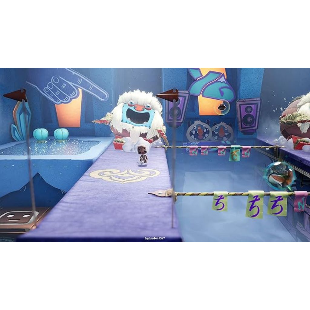 Animated character in a colorful room with a purple platform and decorations.
