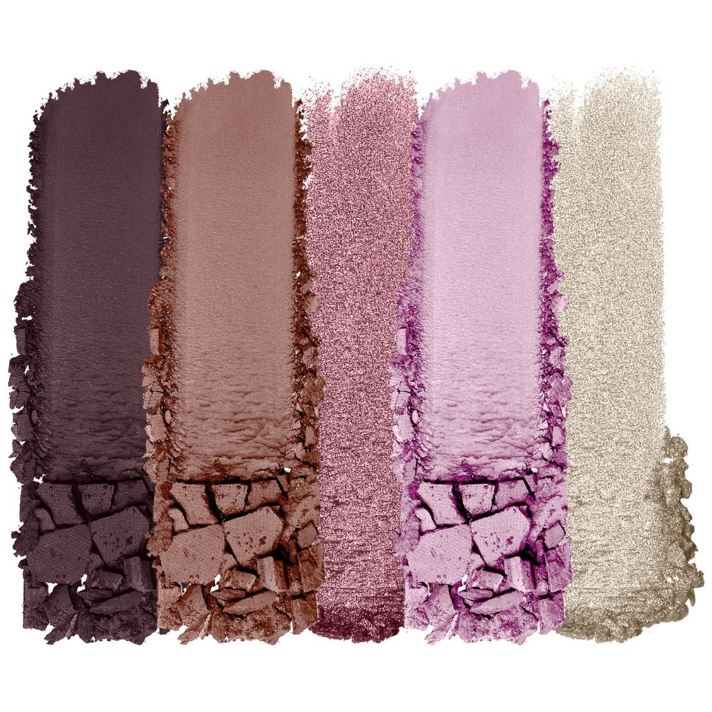 Set of five different eyeshadow swatches in various shades on a white background