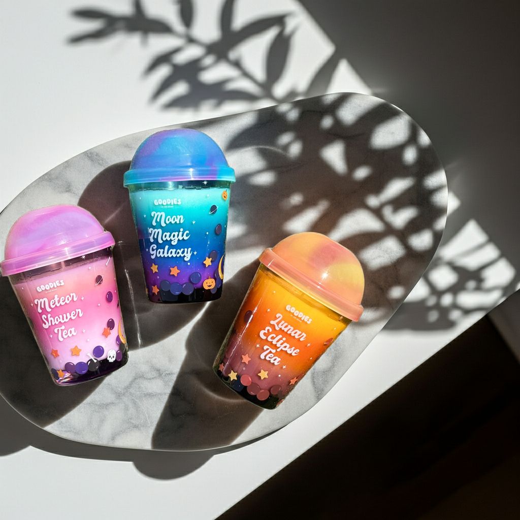 Three colorful tea cups with unique designs on a marble surface.