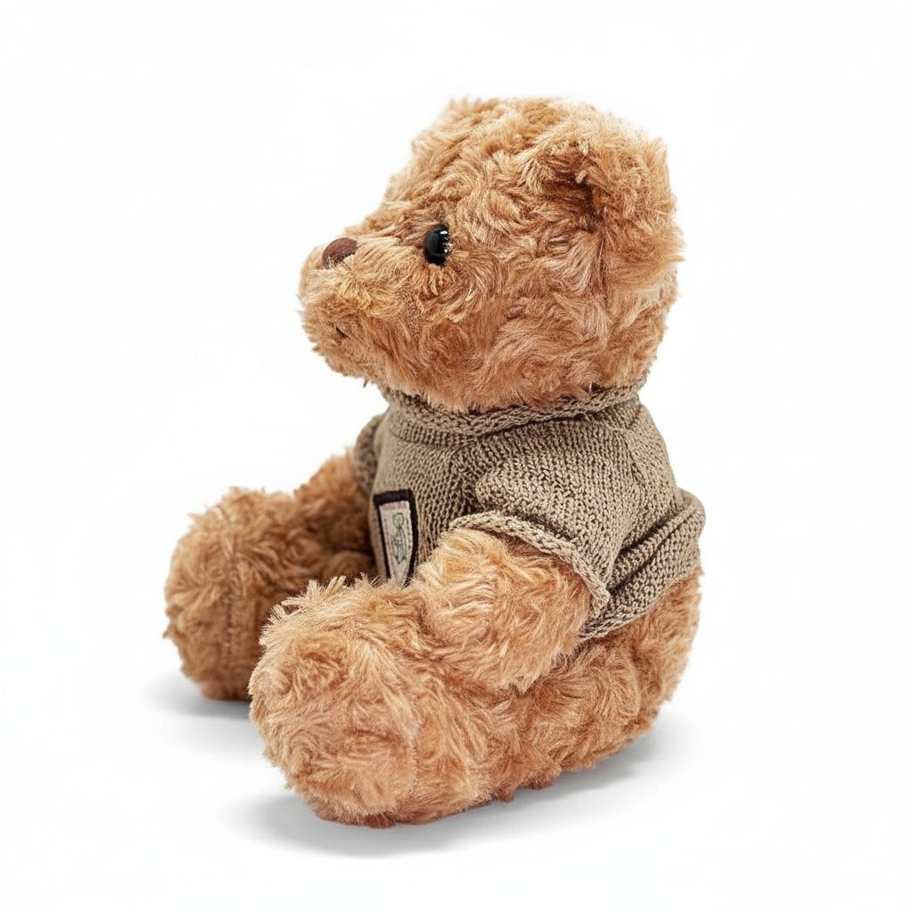 Brown teddy bear wearing a sweater on a white background