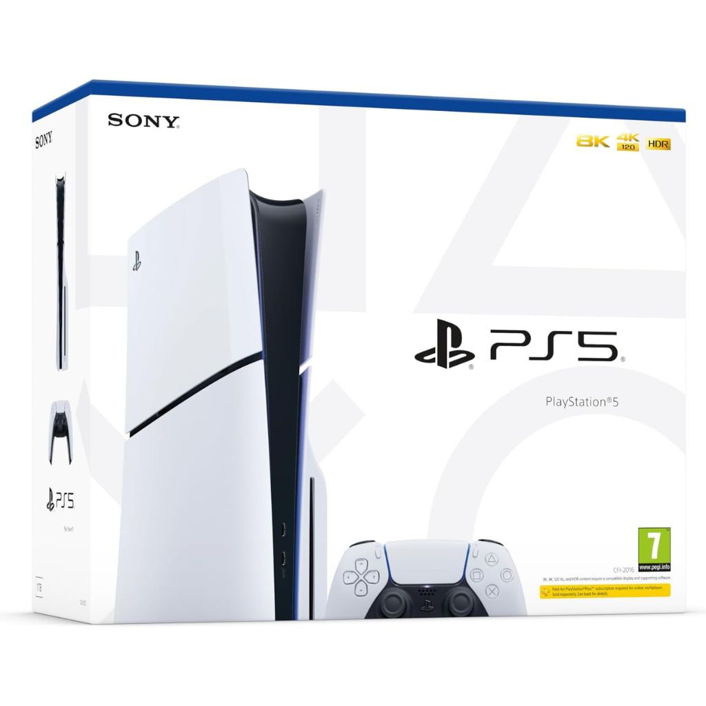 PlayStation 5 console packaging with Sony and PS5 branding on a white background