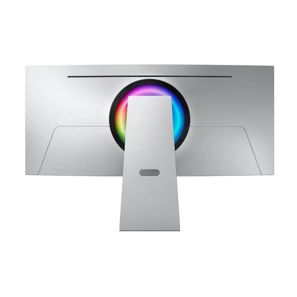 Silver electronic device with a circular component displaying multicolored light on a white background