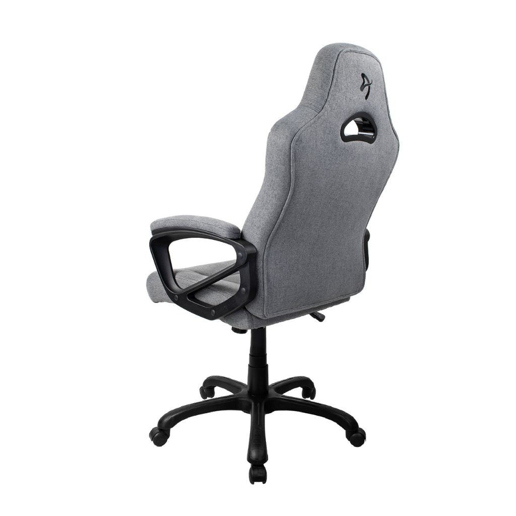 Gray office chair with black armrests and base on a white background