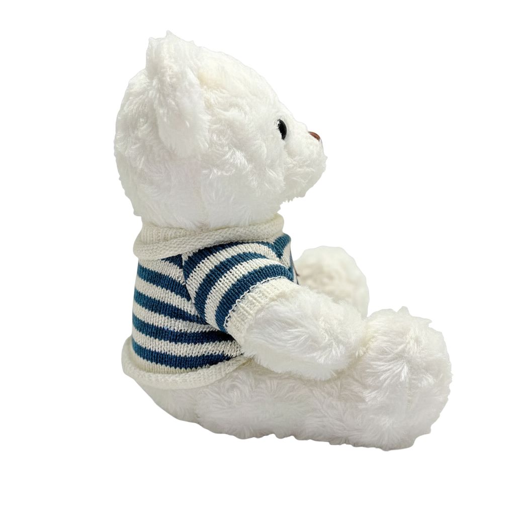 White plush cat toy wearing a striped sweater on a white background