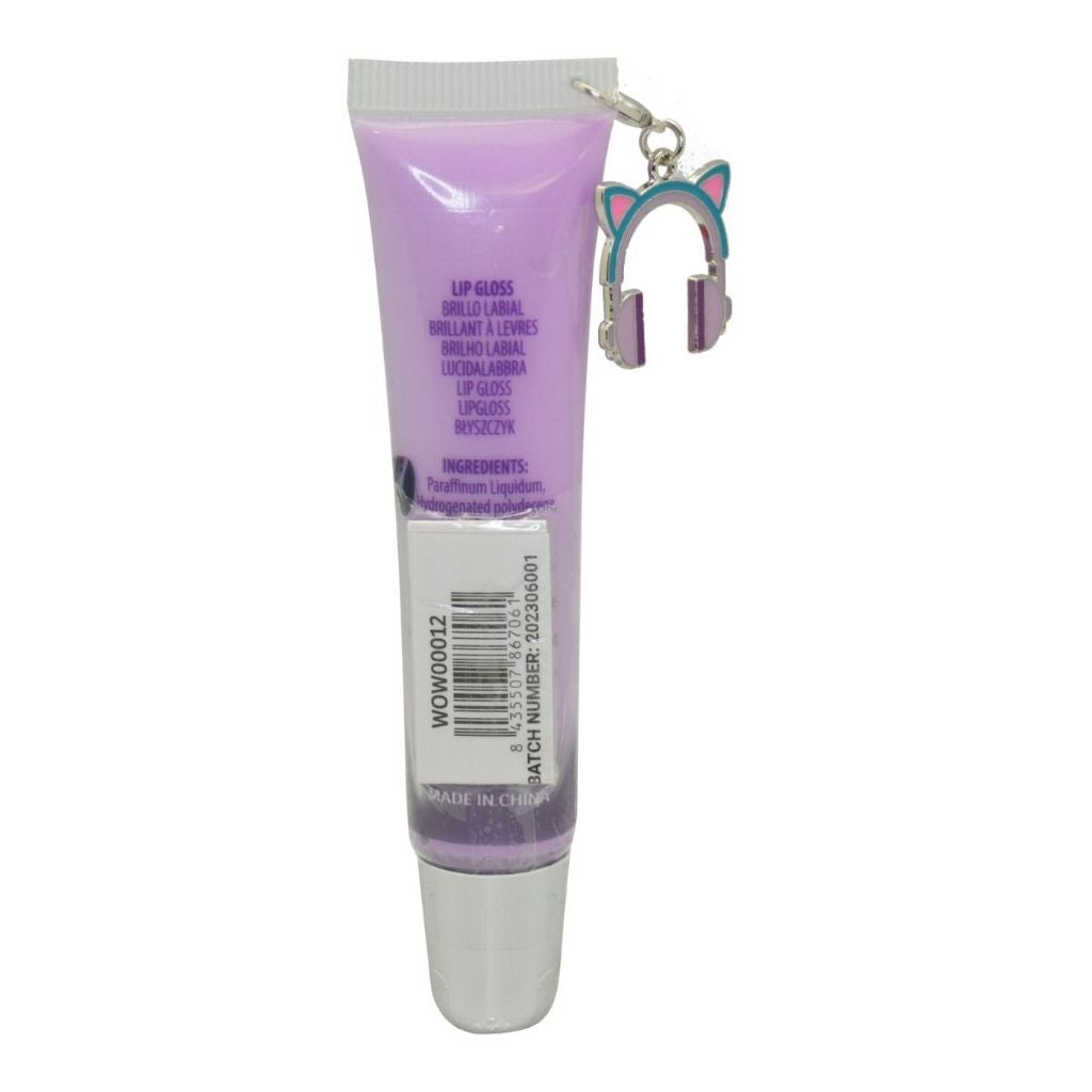 Lip gloss tube with a cat-shaped keychain on a white background