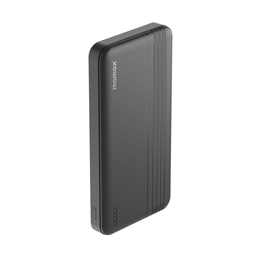 Black power bank with 'momax' branding on a white background
