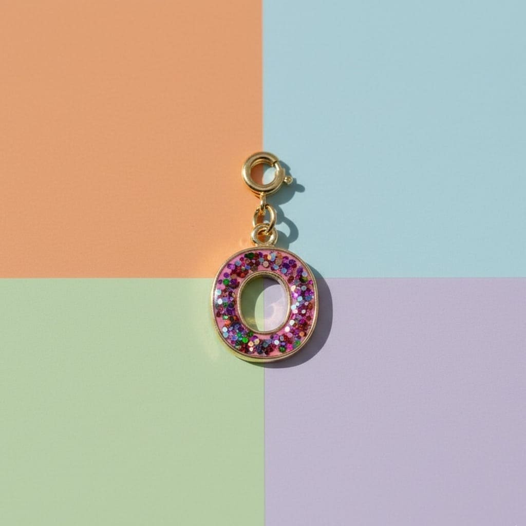 Decorative letter 'O' charm with colorful beads on a pastel background