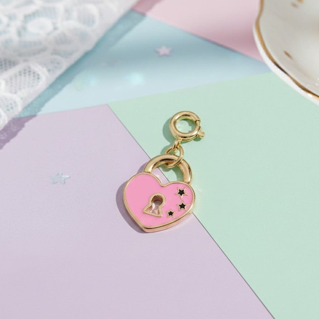 Pink heart-shaped lock charm with gold accents on a colorful background