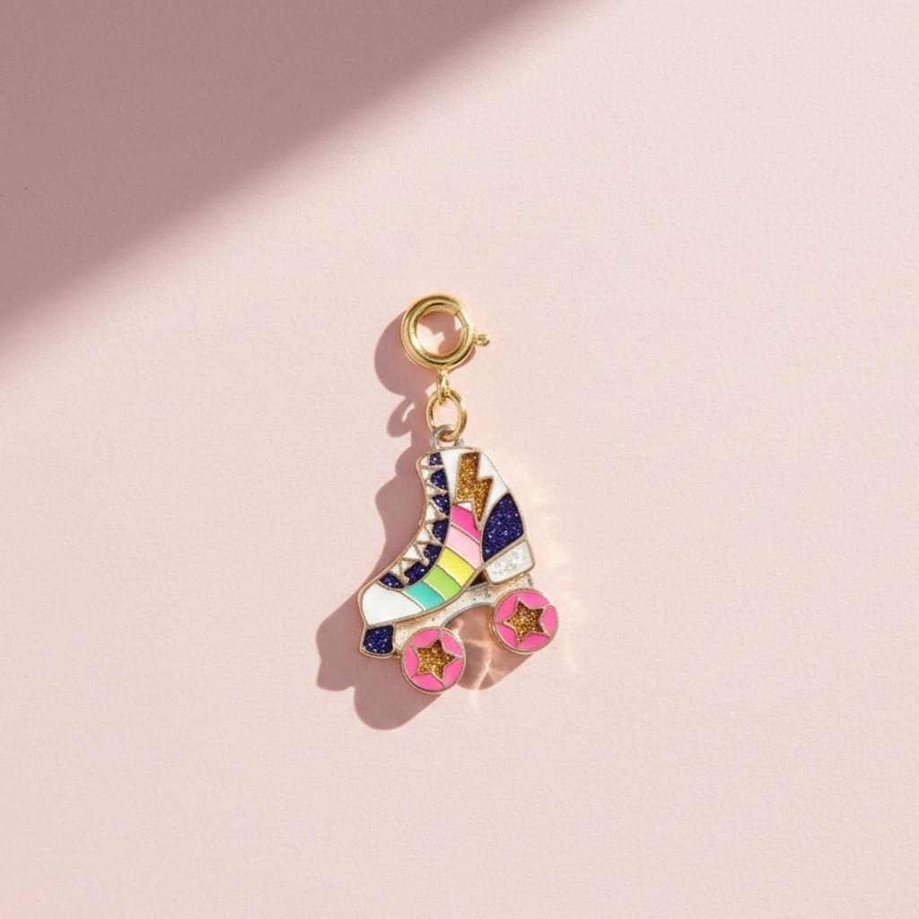 Colorful shoe charm on a pink background