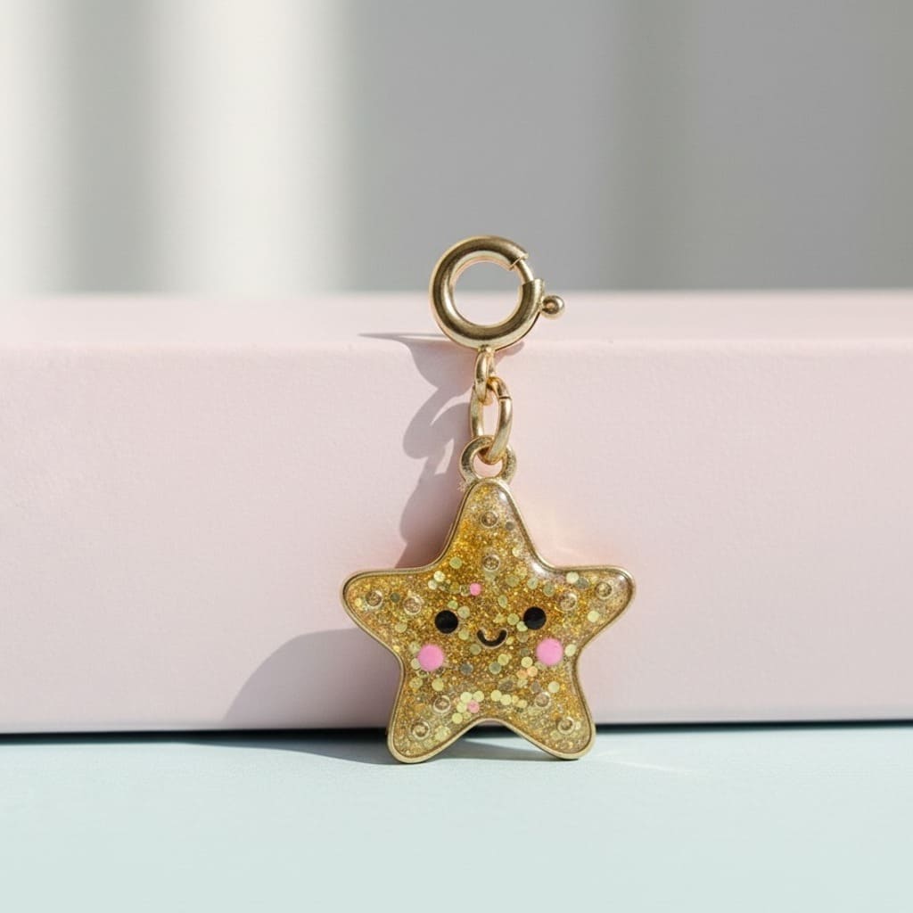 Gold star-shaped charm with a smiling face on a pink surface