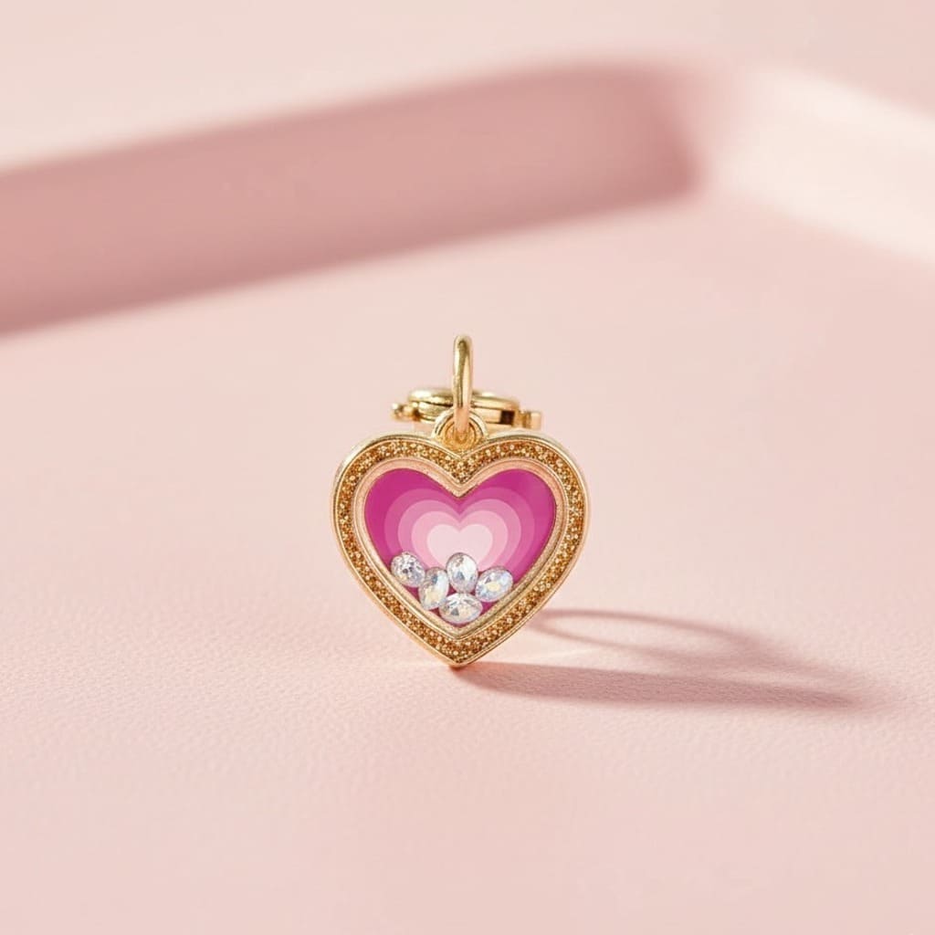 Heart-shaped pendant with pink center and gold frame on a pink background