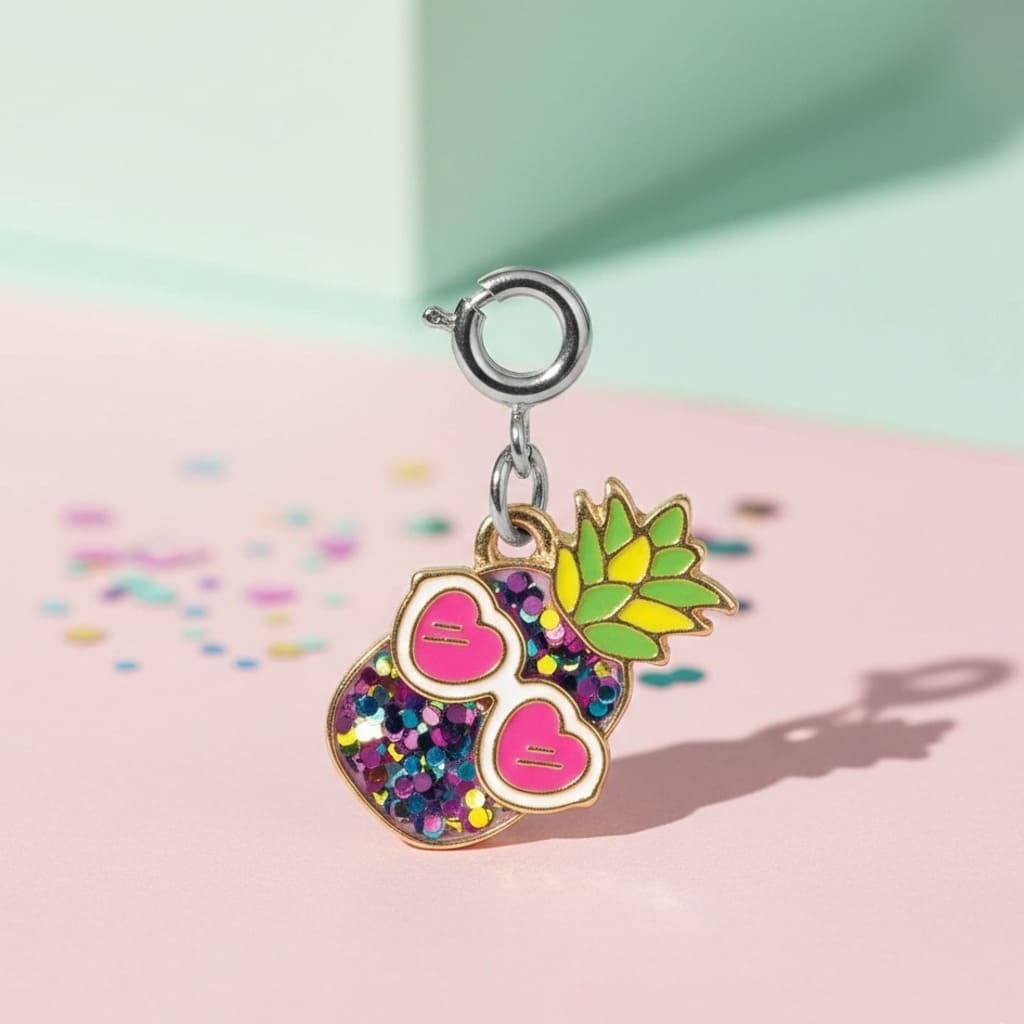 Colorful pineapple-shaped charm with heart details on a pastel background