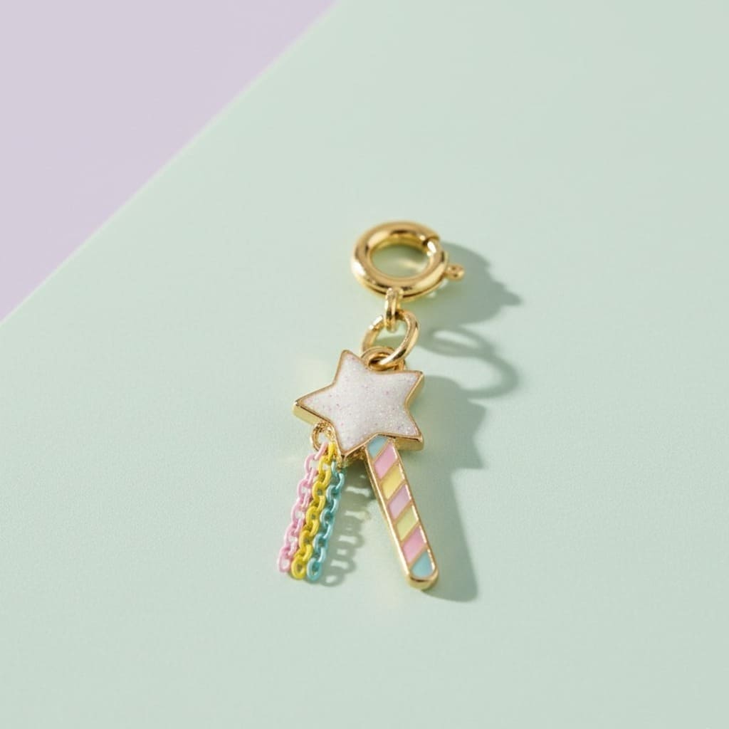 Gold charm with a star and colorful tassel on a light green background