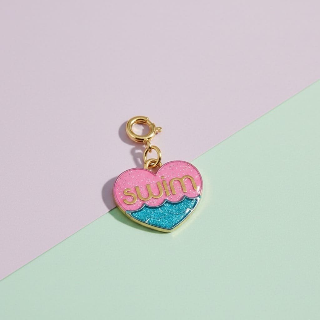 Heart-shaped charm with 'swim' text on a pink and blue gradient background