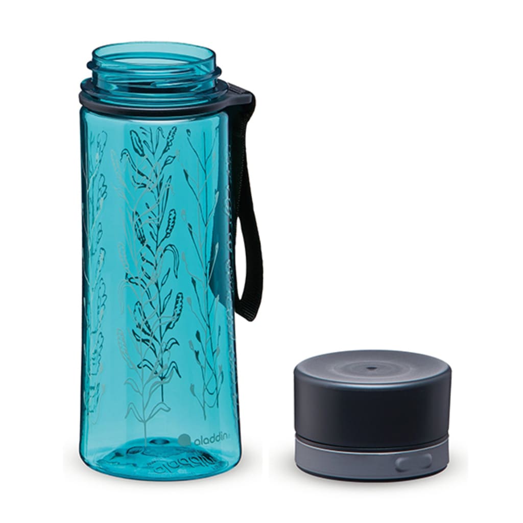 Blue water bottle with black lid and floral design on a white background