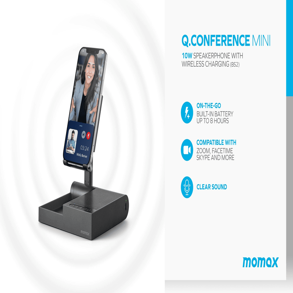 Q.Conference Mini speakerphone with wireless charging on a white background, featuring Momax branding.