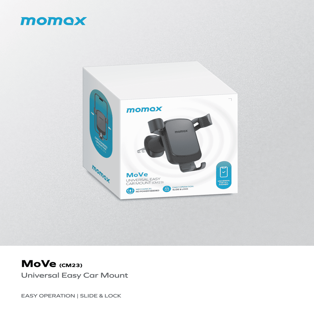 Momax MoVe universal easy car mount packaging on a gray background
