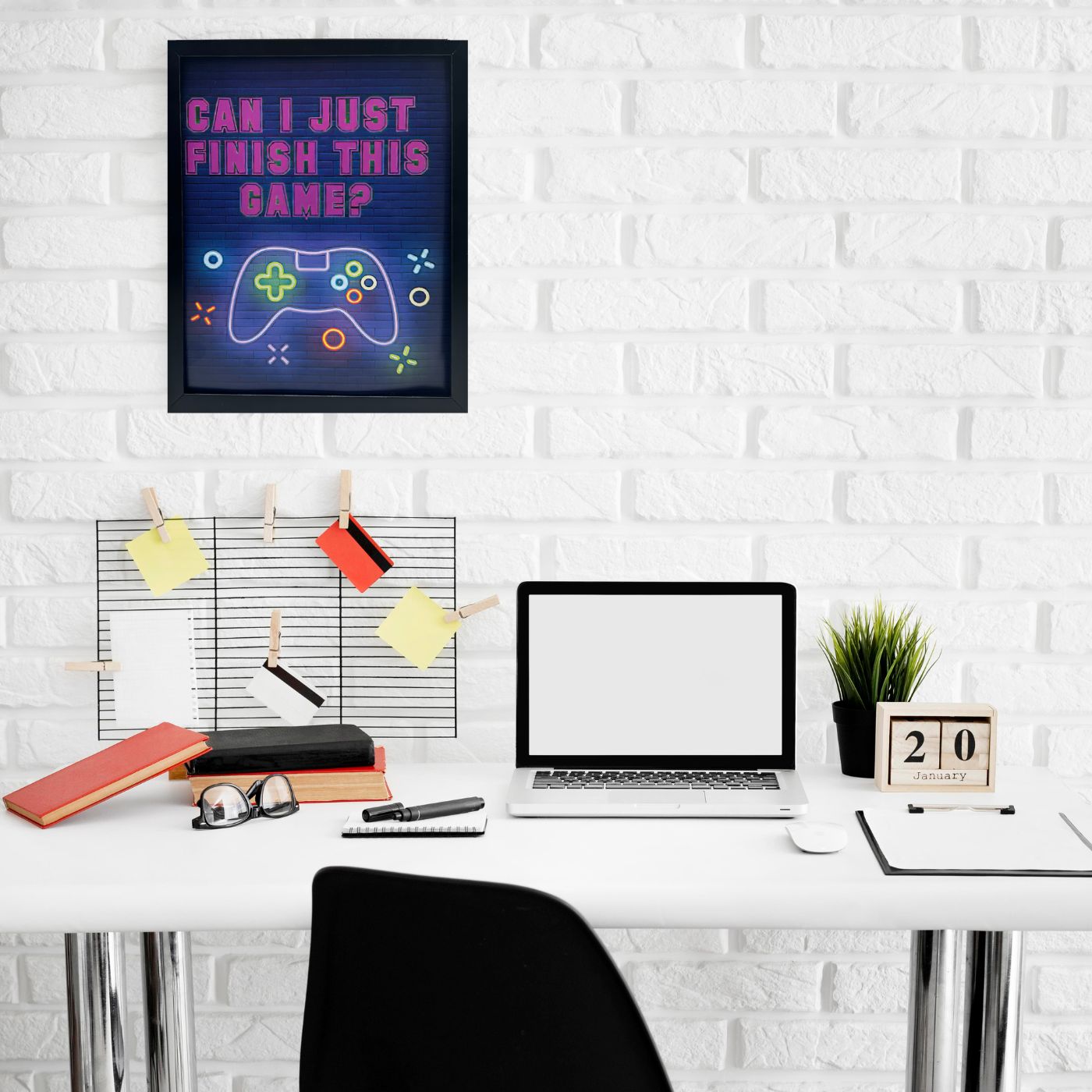 Vibrant Neon Game Wall Art with Frame - "Can I Just Finish This Game?"