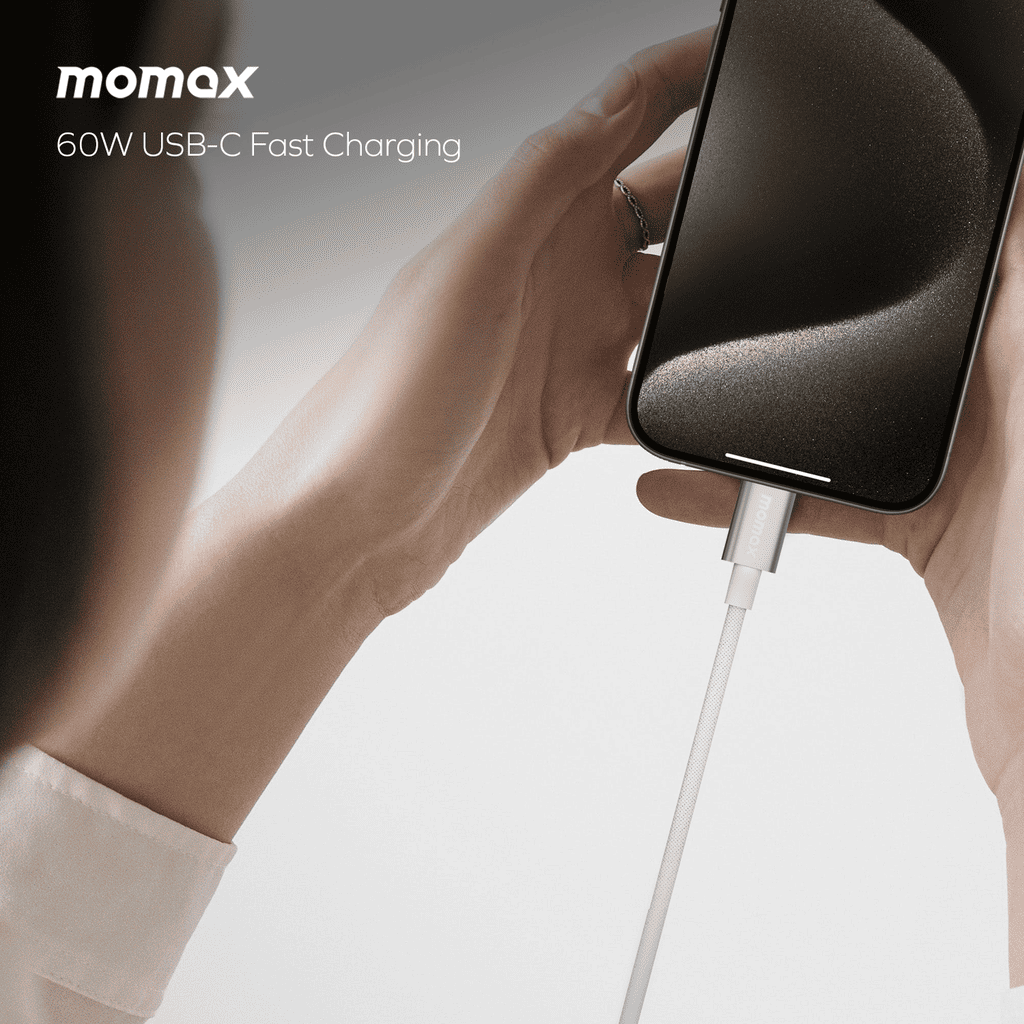 Person holding a phone with a charging cable, featuring Momax 60W USB-C Fast Charging text.