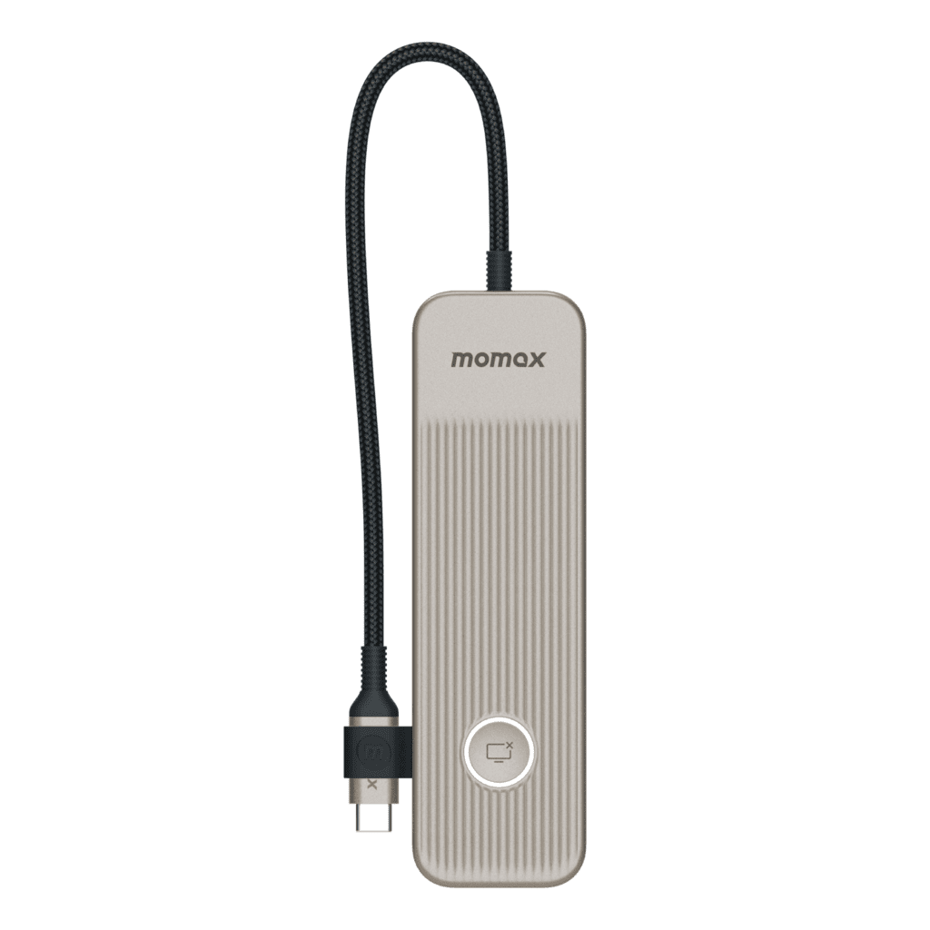 Momax USB-C to USB-A adapter with cable on a green background