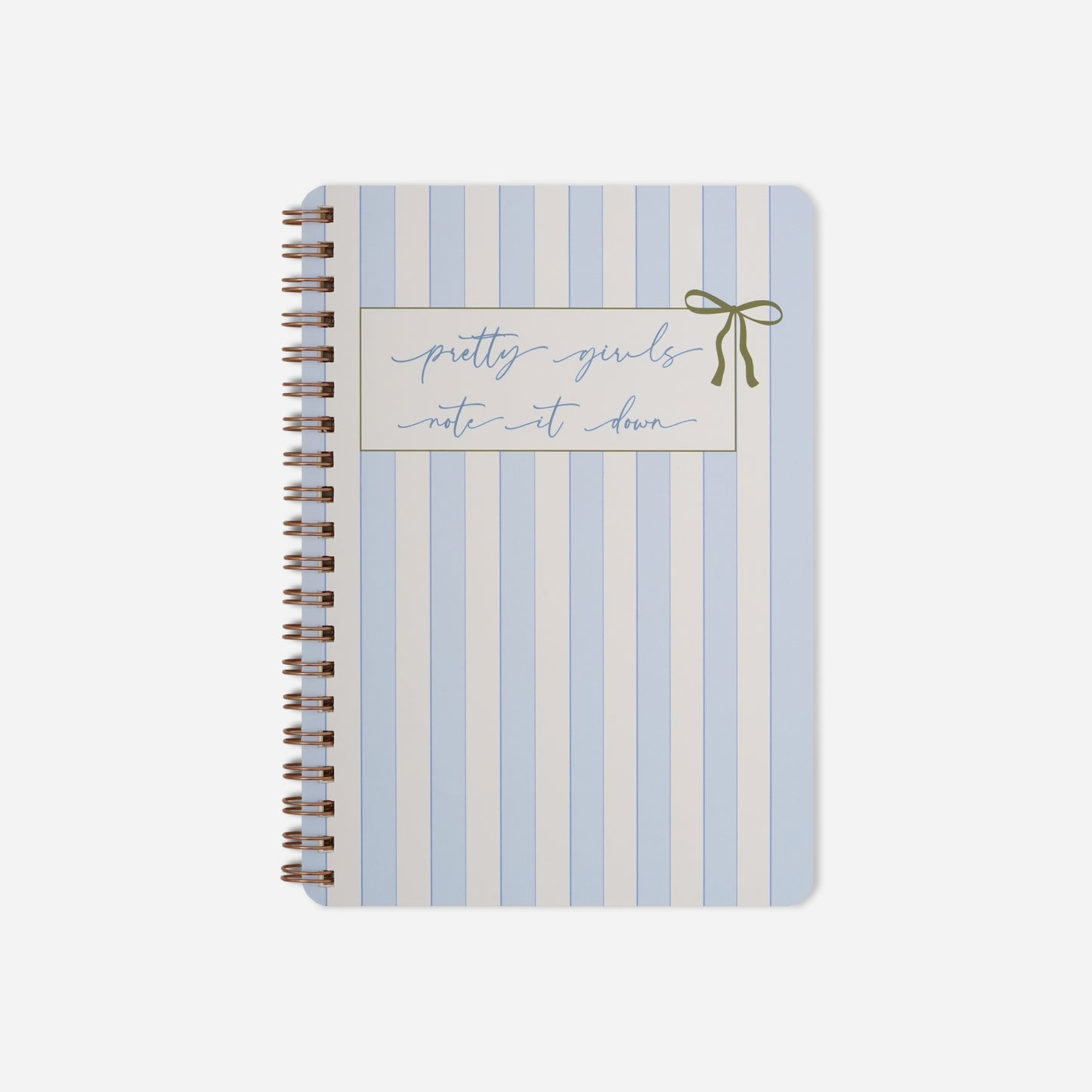 Notebook with blue and white striped cover and 'pretty girls note it down' text on a white background