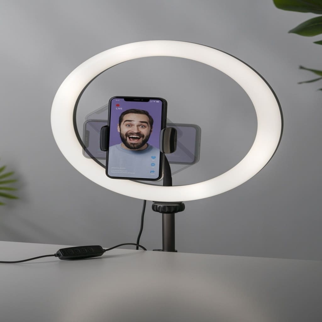 Ring light with smartphone holder on a gray background