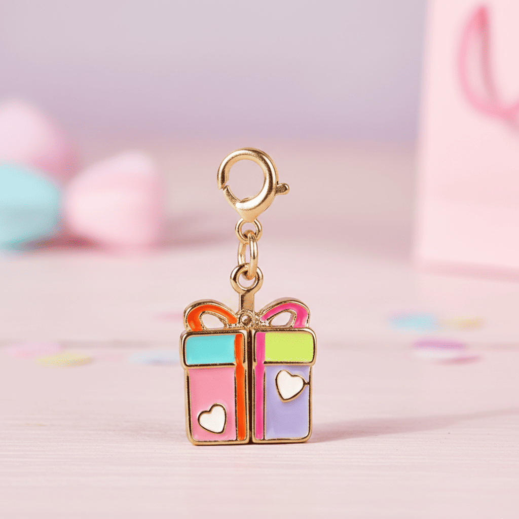Colorful gift box charm with a gold clasp on a soft pink background