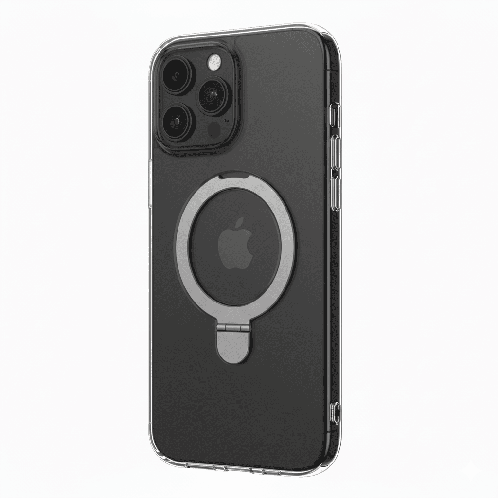 Phone case with a magnetic ring holder on a white background