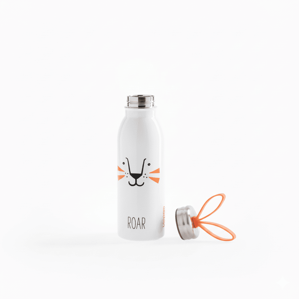 White water bottle with cat design and 'ROAR' text on a white background