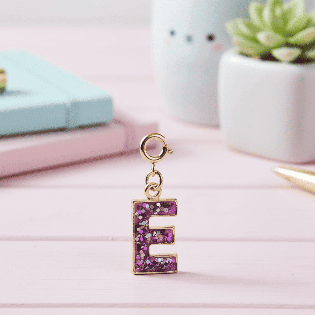 Letter 'E' charm with pink glitter on a pastel background