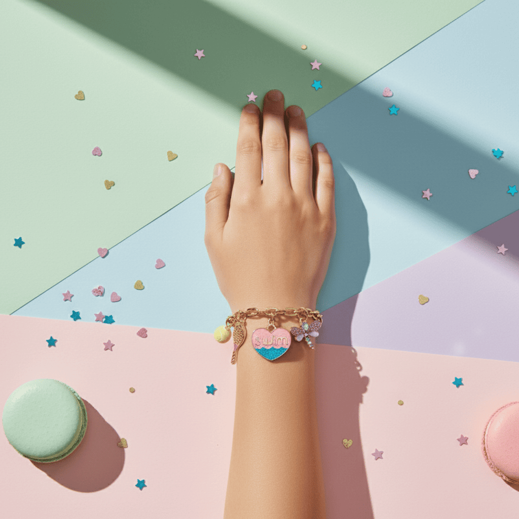 Hand wearing a bracelet with colorful charms on a pastel geometric background