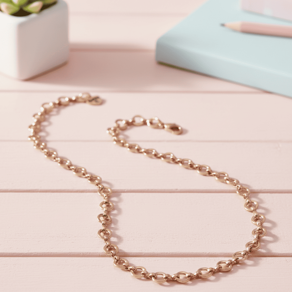 Rose gold chain bracelet on a light wooden surface with a blurred background