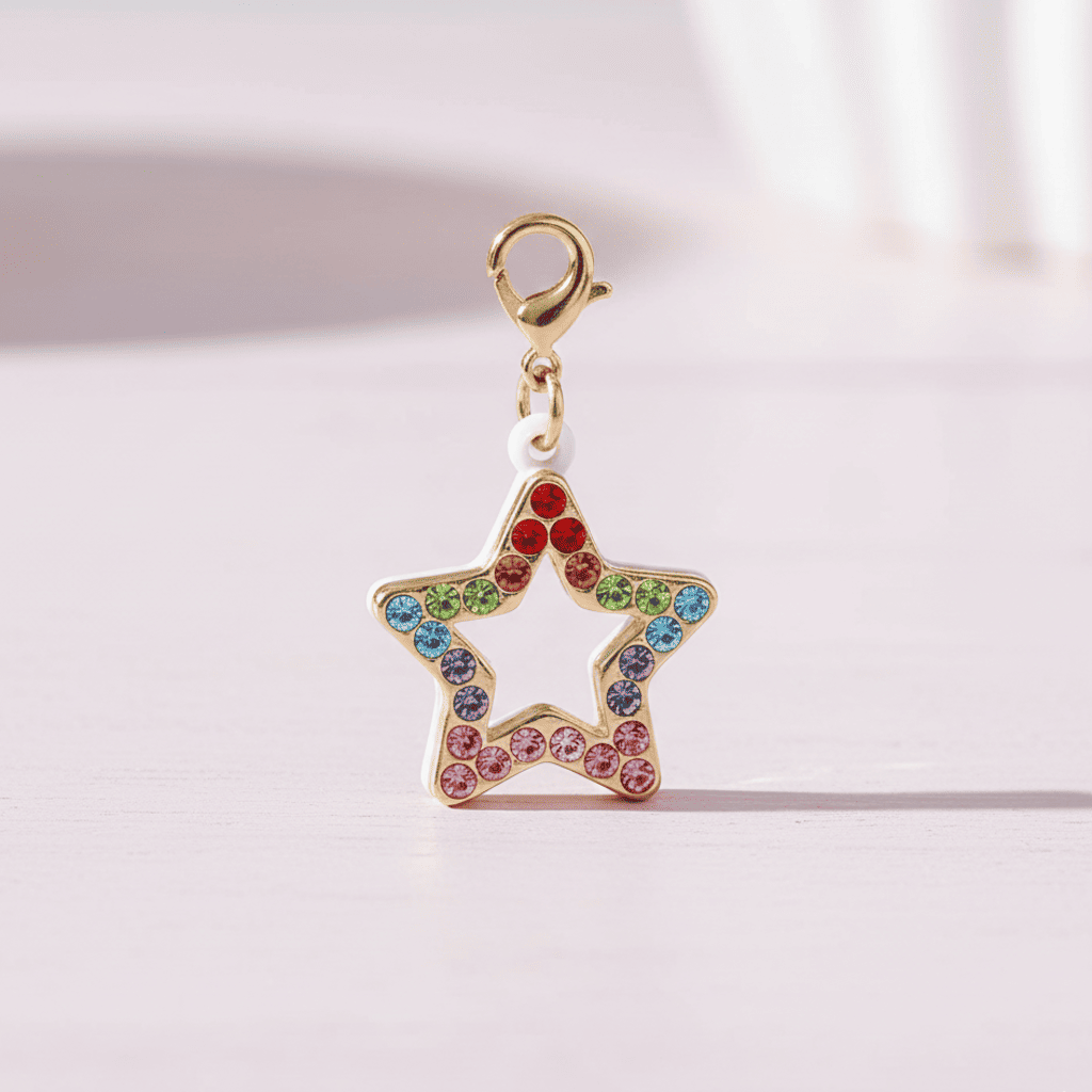 Star-shaped charm with colorful gemstones on a light pink background