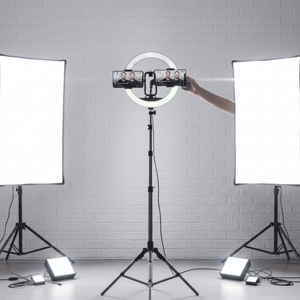 Ring light on a stand with a smartphone holder in front of a white brick wall.