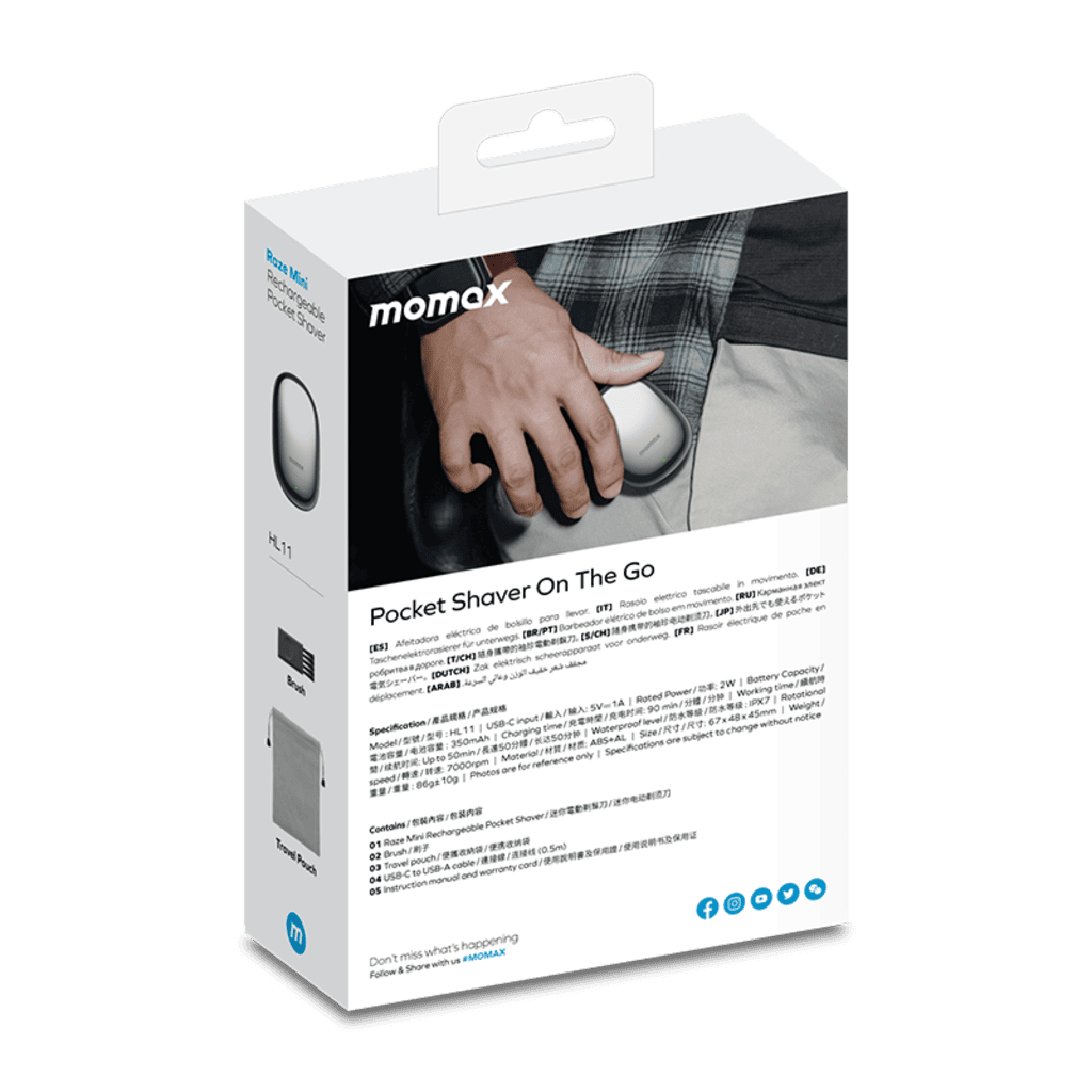 Momax pocket shaver packaging on a green background