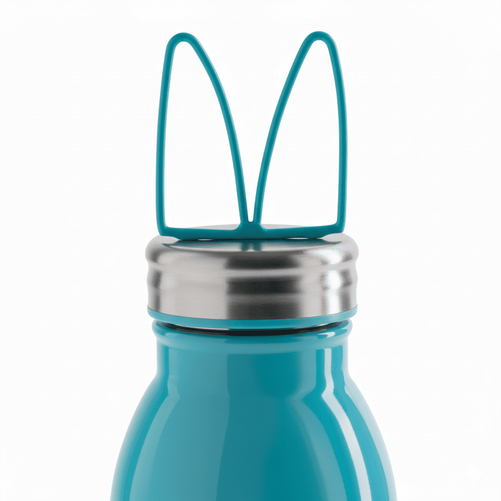 Teal water bottle with silver cap and bunny ears on a white background