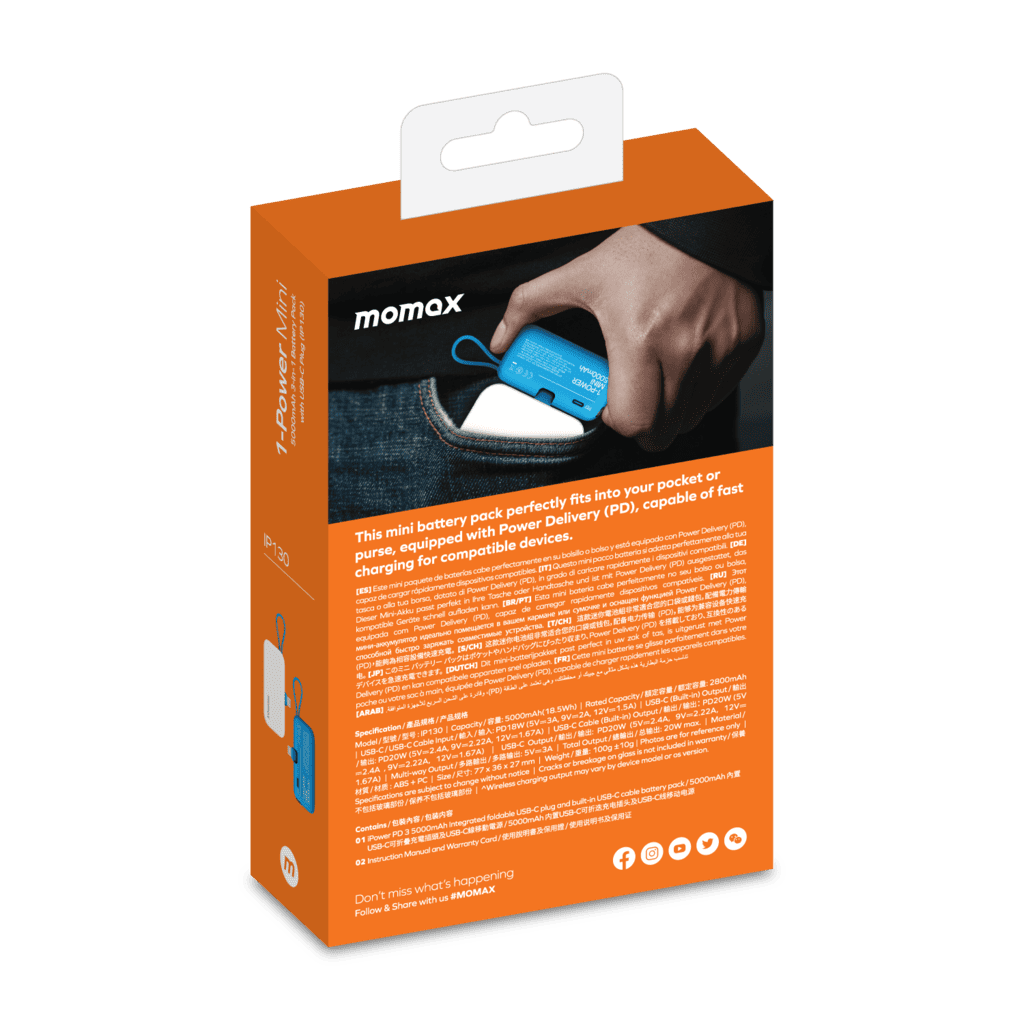 Momax power bank packaging with orange background and product image.