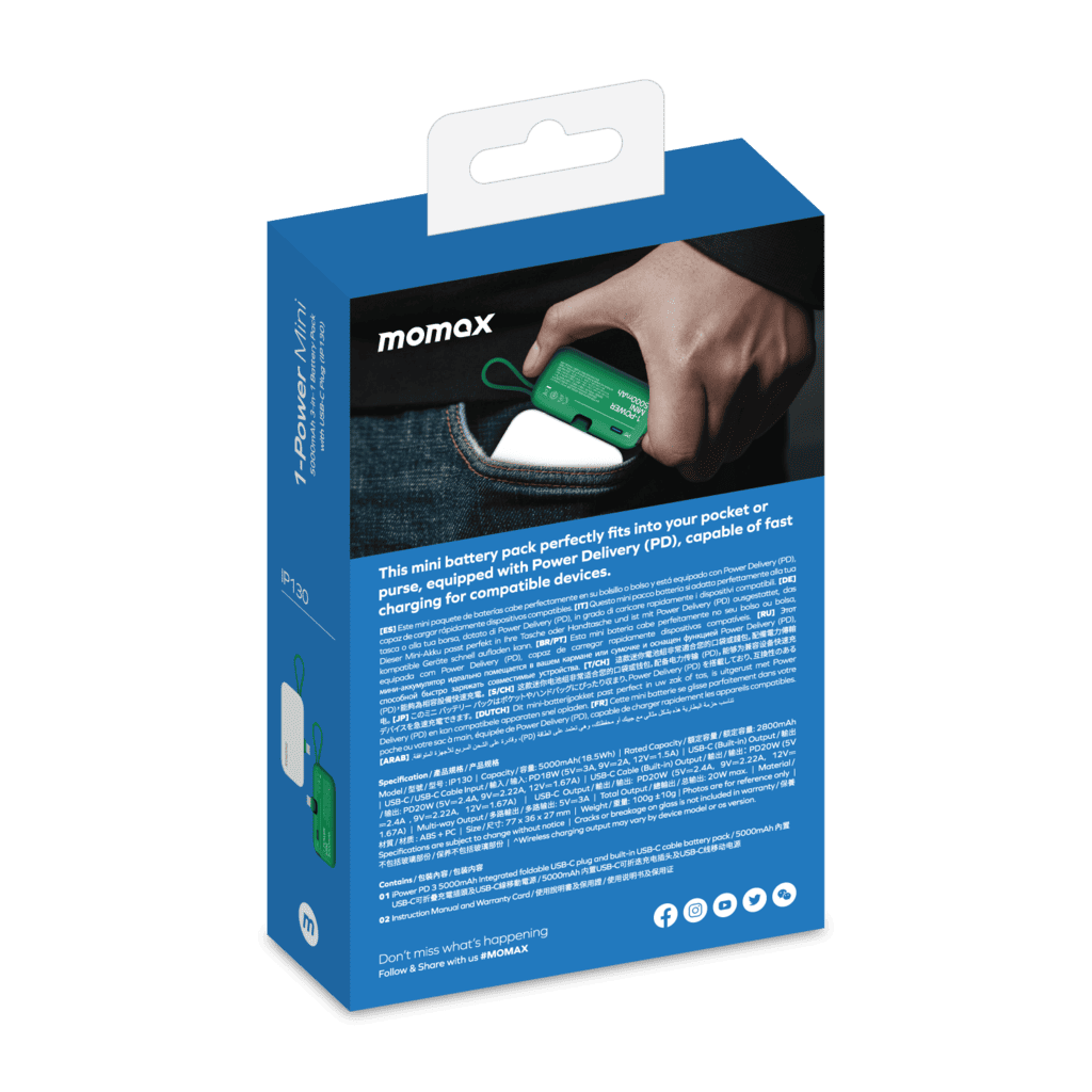 Momax product packaging with a hand holding a green device on a blue background