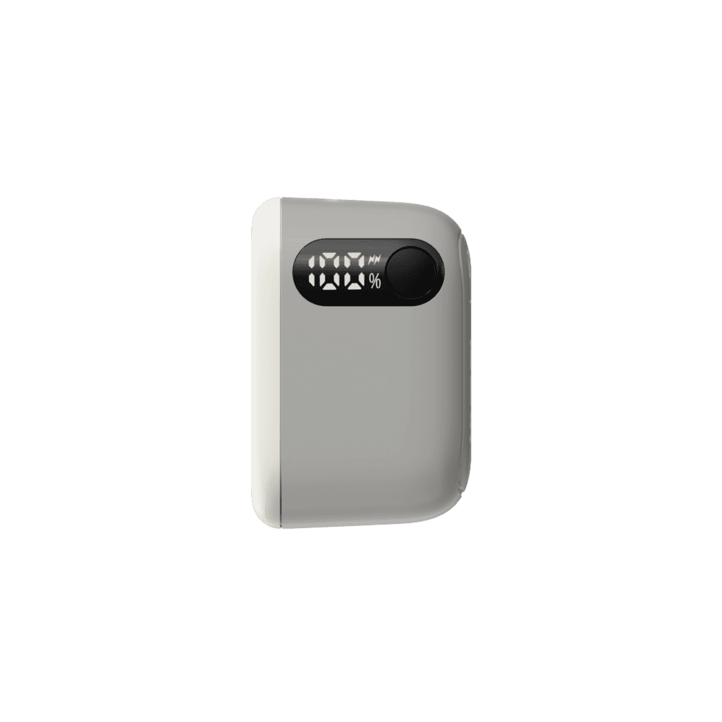 Gray power bank with digital display on a transparent background