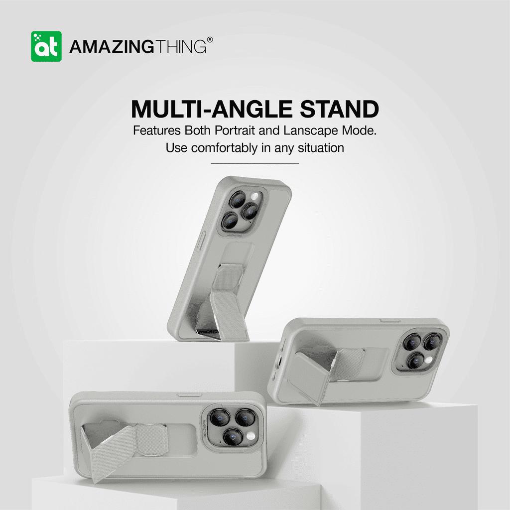 Phone case with multi-angle stand feature on a white background, featuring the 'Amazing Thing' brand.