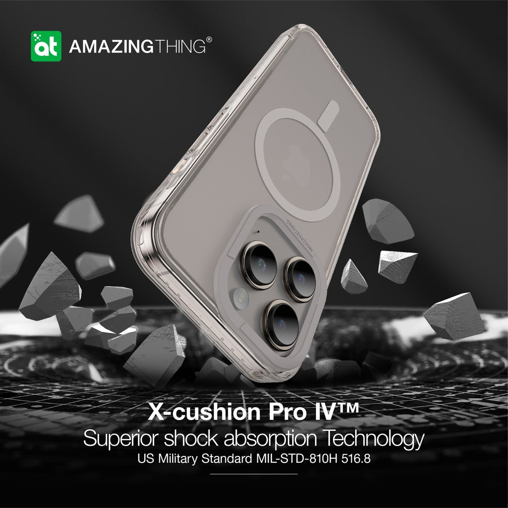 Phone case with 'Amazing Thing' branding and text about shock absorption technology on a dark background.