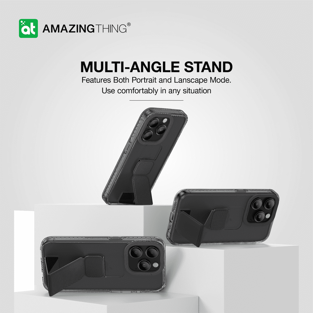 Black phone case with multi-angle stand feature on a white background, featuring the 'Amazing Thing' brand.