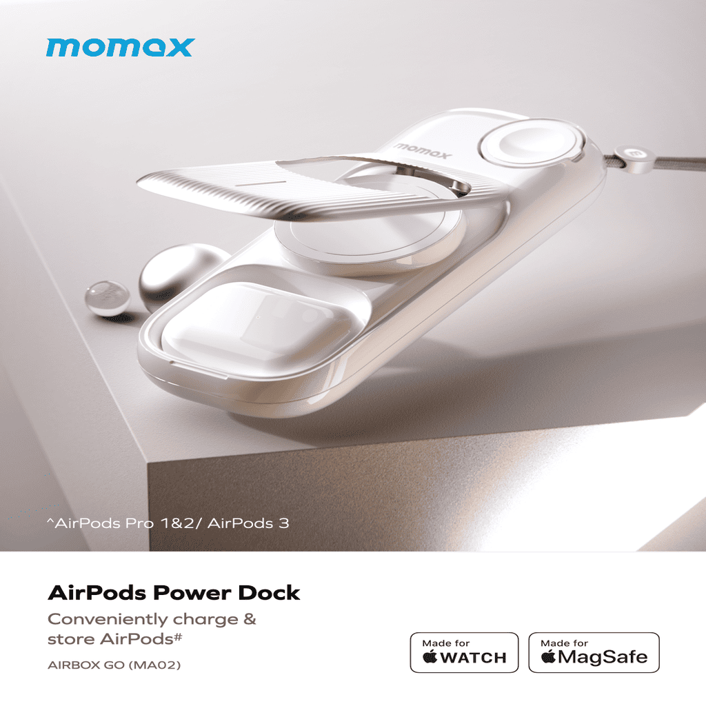 Momax AirPods Power Dock with AirPods Pro 1&2/ AirPods 3 on a light gray background